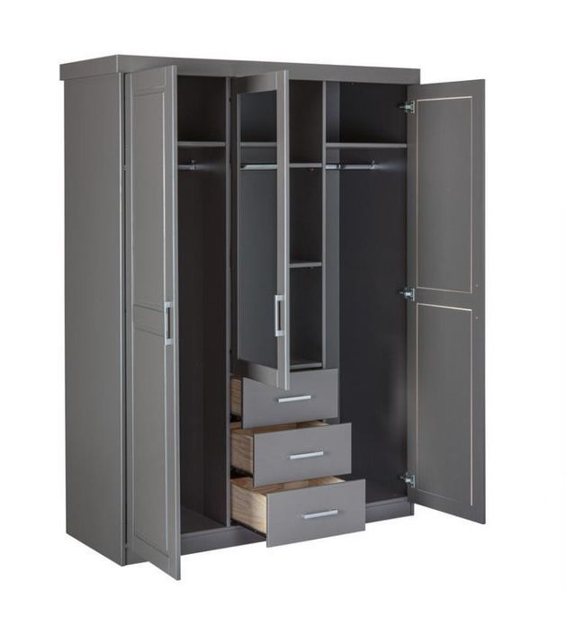 Armoire 3 portes 3 tiroirs pin massif vernis gris avec miroir Klinga 140 cù - Photo n°8