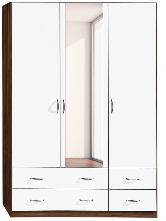 Armoire 3 portes battantes 4 tiroirs Blanc et Noyer Kadra 4 - Photo n°1