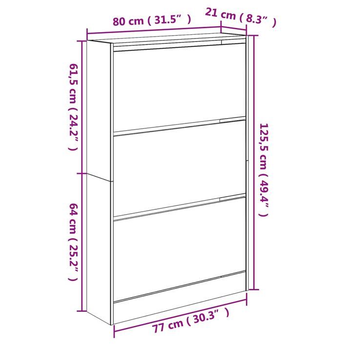 Armoire à chaussures en bois Livio L 80 x H 125 cm – 3 portes rabattables - Photo n°11