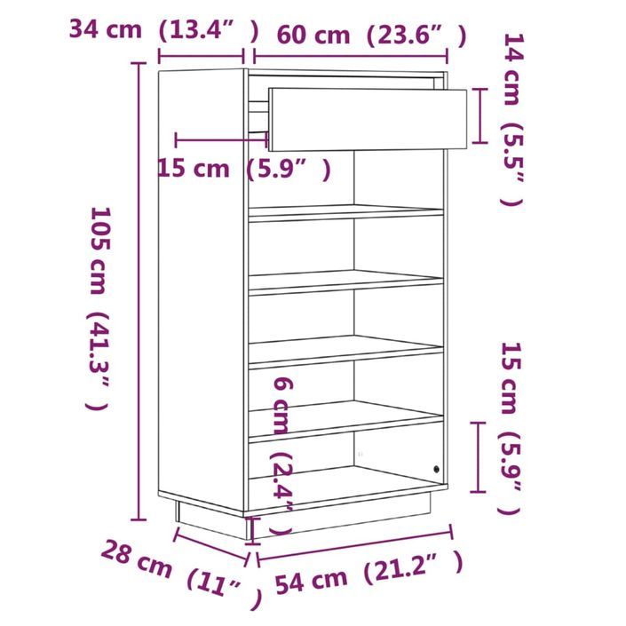 Armoire à chaussures Noir 60x34x105 cm Bois de pin massif - Photo n°9