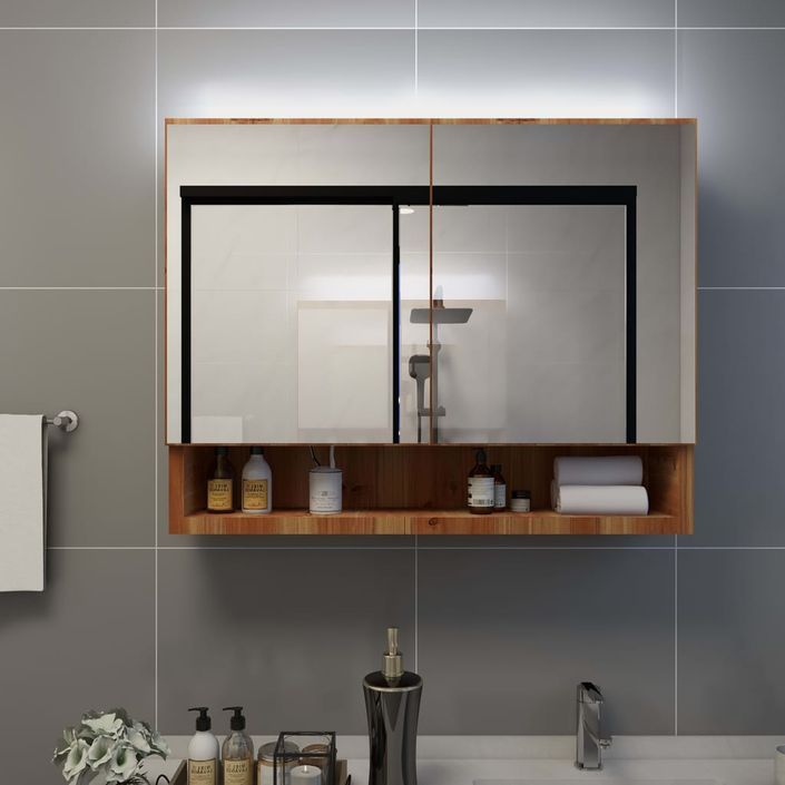 Armoire à miroir de salle de bain LED Chêne 80x15x60 cm MDF - Photo n°3