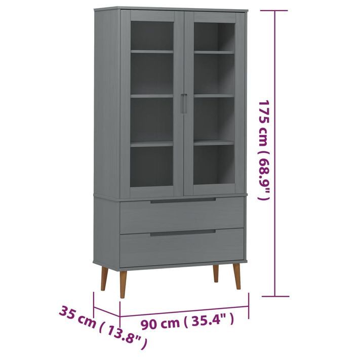 Armoire à vitrine MOLDE Gris 90x35x175 cm Bois de pin massif - Photo n°8