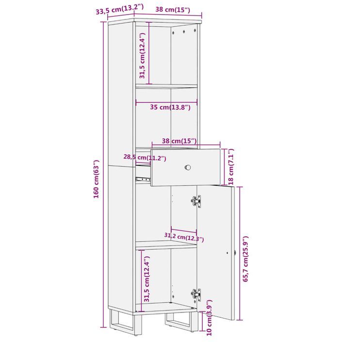 Armoire bain marron et noir 38x33,5x160 cm bois massif manguier - Photo n°12