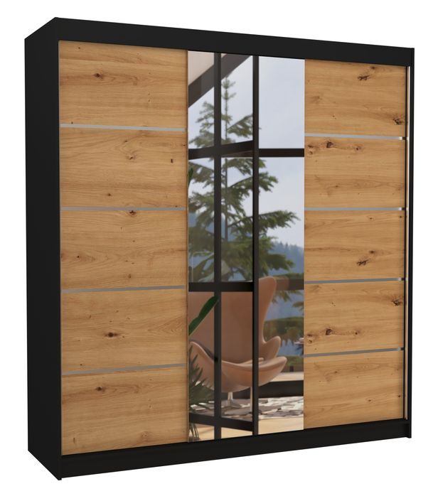 Armoire chambre adulte 2 portes coulissantes bois noir et bois artisan avec miroir Baker 200 cm - Photo n°1