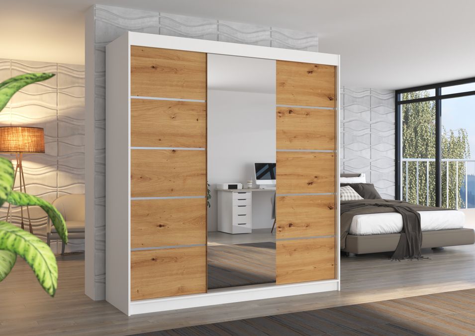 Armoire chambre adulte 2 portes coulissantes bois blanc et bois artisan avec miroir Baker 200 cm - Photo n°2