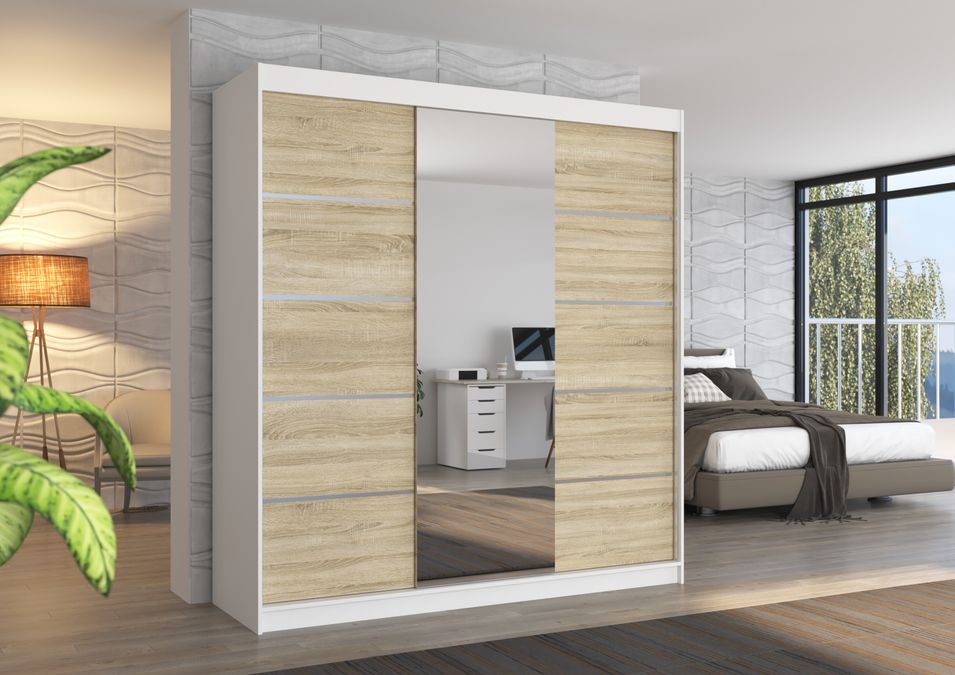 Armoire chambre adulte 2 portes coulissantes bois blanc et bois clair avec miroir Baker 200 cm - Photo n°2