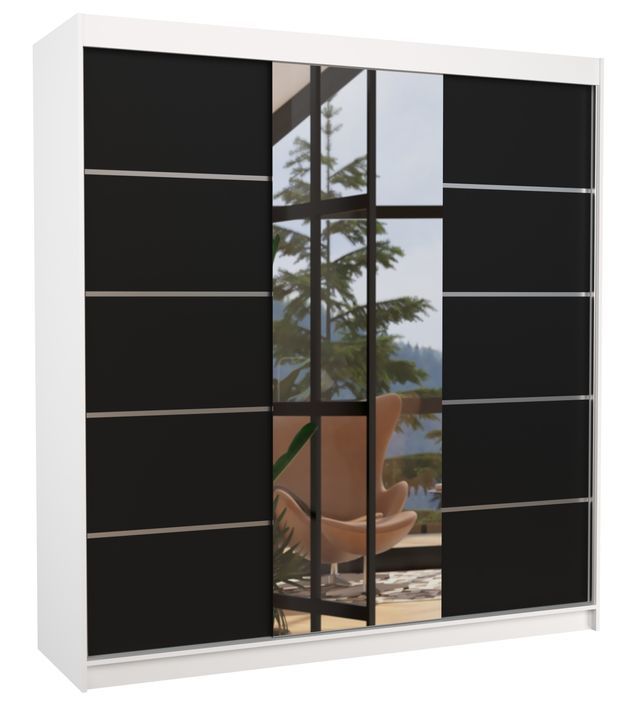 Armoire chambre adulte 2 portes coulissantes bois blanc et noir avec miroir Baker 200 cm - Photo n°1