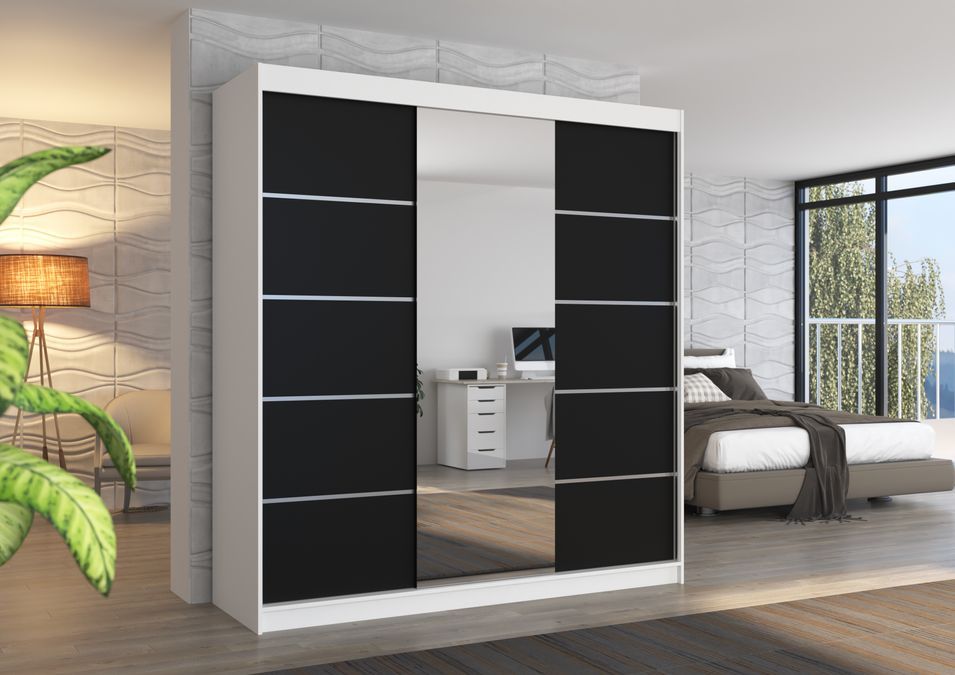 Armoire chambre adulte 2 portes coulissantes bois blanc et noir avec miroir Baker 200 cm - Photo n°2