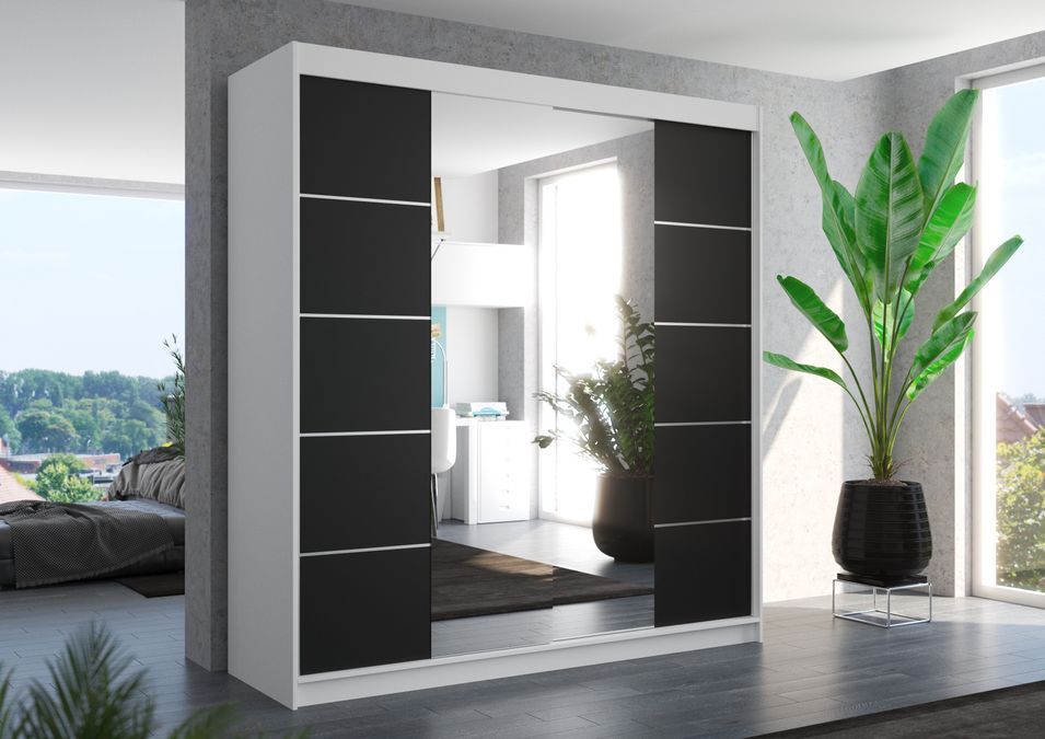 Armoire chambre adulte 2 portes coulissantes bois blanc et noir avec miroir Dalia 200 cm - Photo n°2