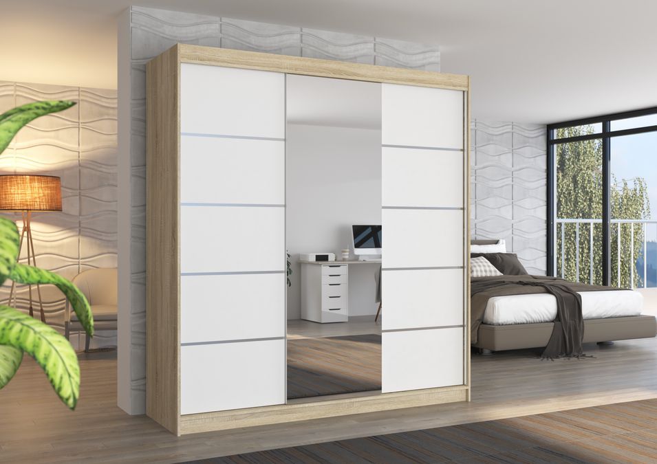 Armoire chambre adulte 2 portes coulissantes bois clair et blanc avec miroir Baker 200 cm - Photo n°2