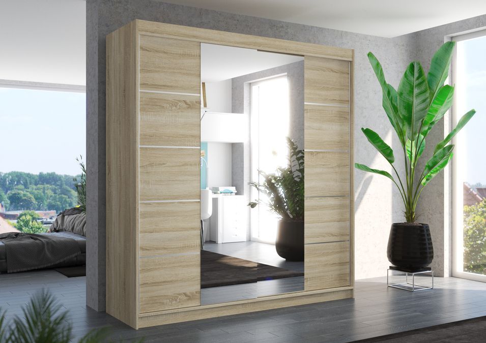 Armoire chambre adulte 2 portes coulissantes bois clair et miroir Dalia 200 cm - Photo n°2