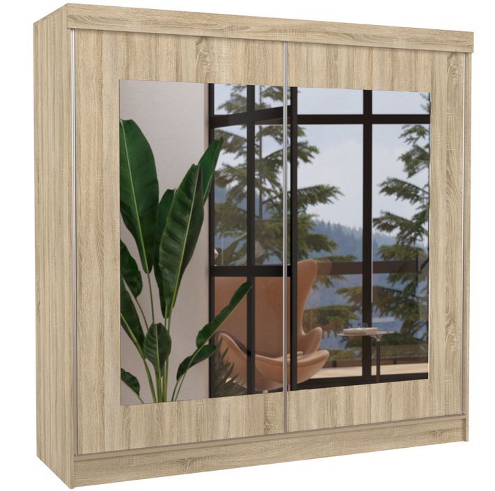 Armoire chambre adulte 2 portes coulissantes bois clair Sonoma et miroir Trenda 200 cm - Photo n°1