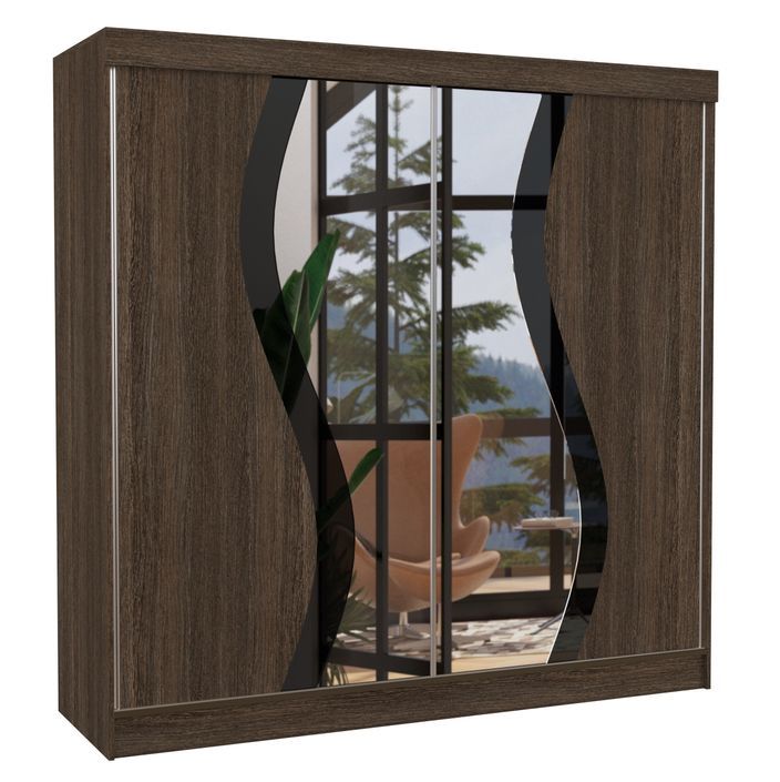 Armoire chambre adulte 2 portes coulissantes bois Frêne foncél et noir brillant avec miroir Biken 200 cm - Photo n°1