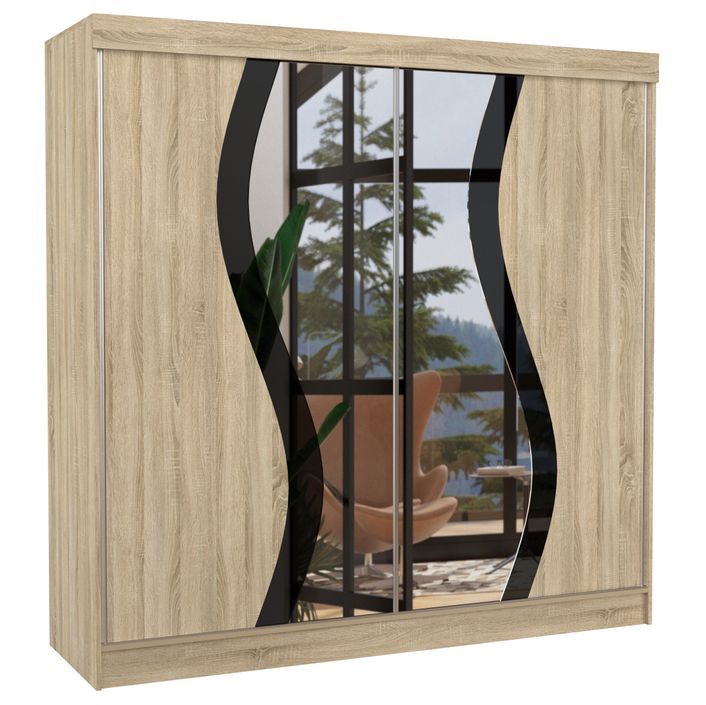 Armoire chambre adulte 2 portes coulissantes bois naturel et noir brillant avec miroir Biken 200 cm - Photo n°1