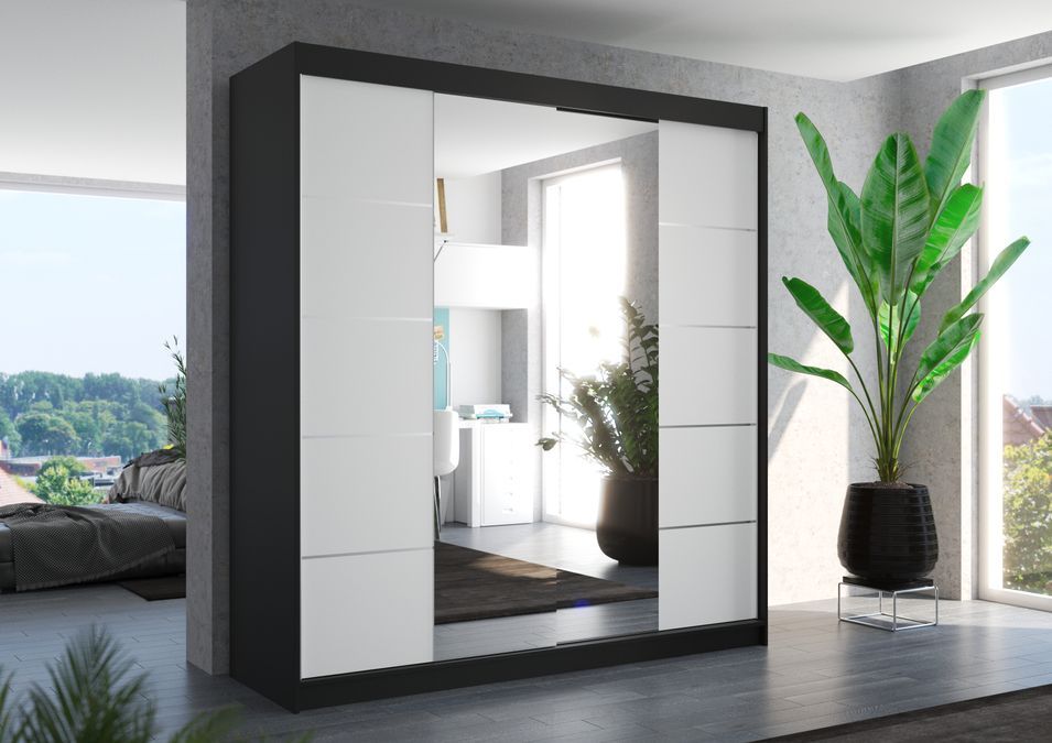 Armoire chambre adulte 2 portes coulissantes bois noir et blanc avec miroir Dalia 200 cm - Photo n°2