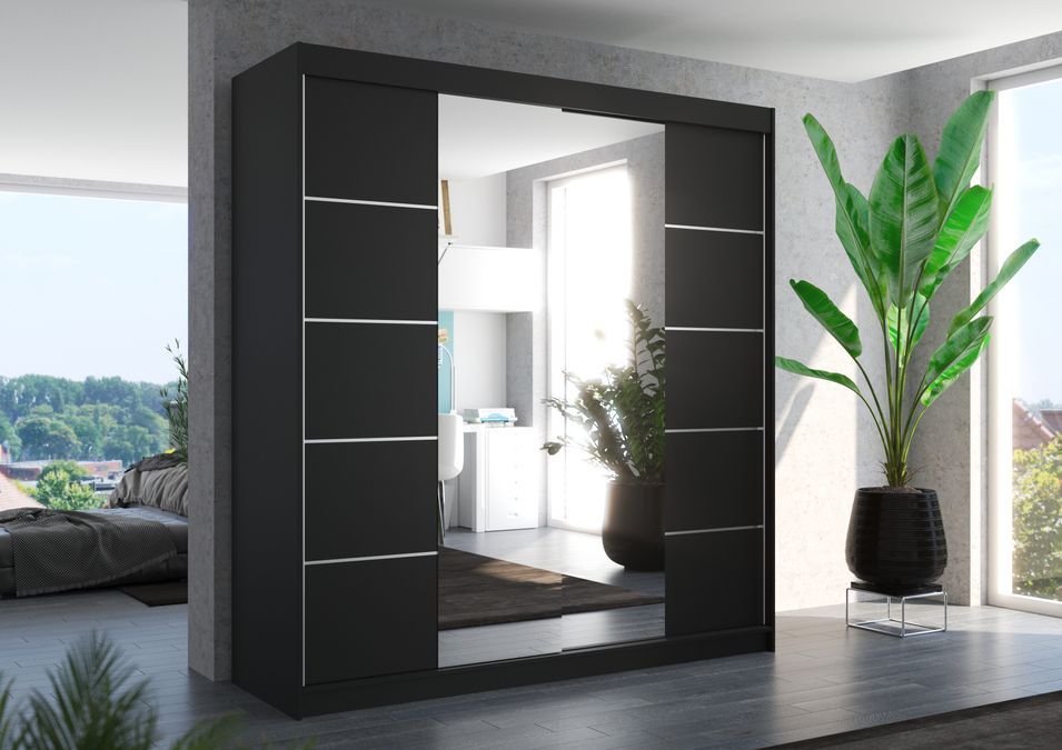 Armoire chambre adulte 2 portes coulissantes bois noir et miroir Dalia 200 cm - Photo n°2