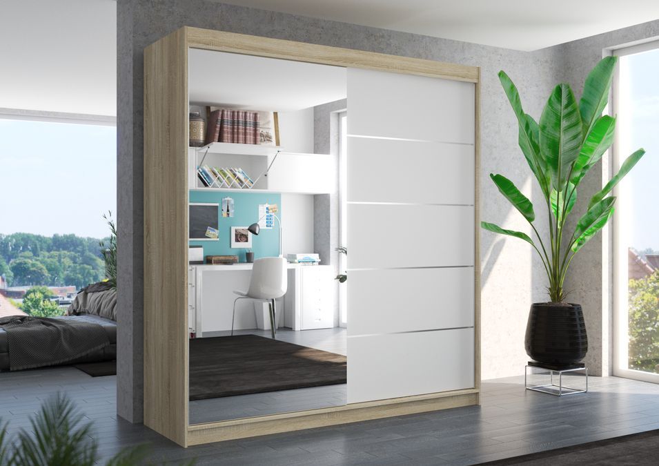 Armoire chambre adulte 2 portes coulissantes naturel et blanc avec miroir Olivia 200 cm - Photo n°2