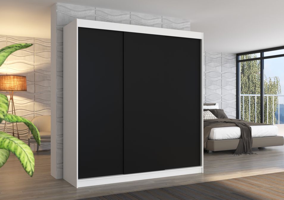 Armoire chambre adulte blanche et noir 2 portes coulissantes Kamia 200 cm - Photo n°2