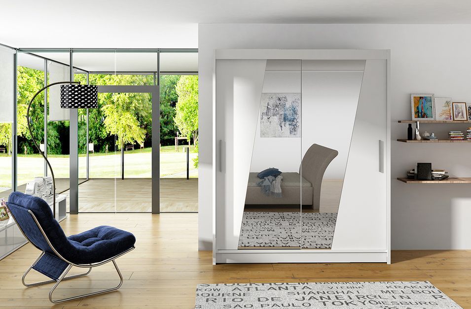 Armoire de chambre 2 portes coulissantes bois blanc et miroirs en diagonale Bekone 150 cm - Photo n°2
