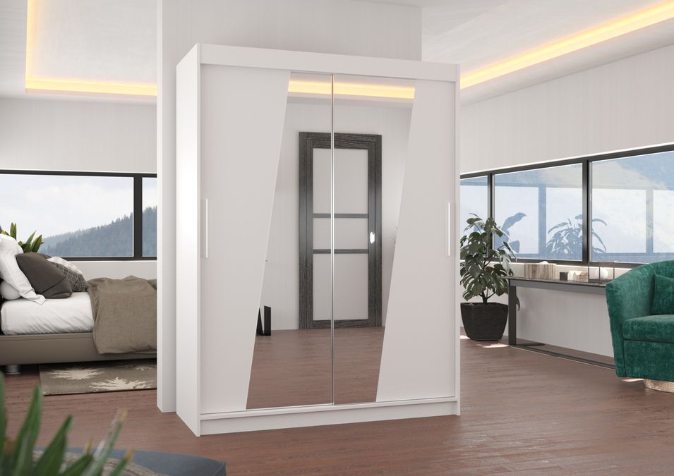 Armoire de chambre 2 portes coulissantes bois blanc et miroirs en diagonale Bekone 150 cm - Photo n°3