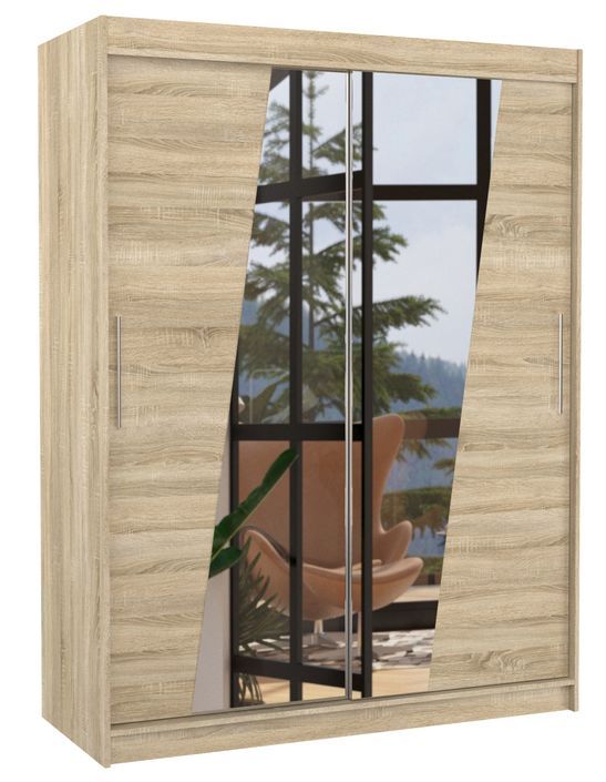Armoire de chambre 2 portes coulissantes bois clair et miroirs en diagonale Bekone 150 cm - Photo n°1