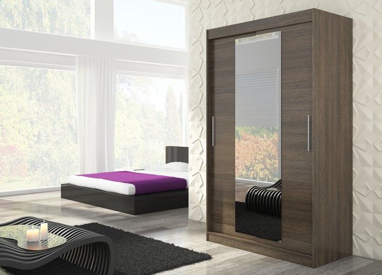 Armoire de chambre 2 portes coulissantes bois marron et miroir Linoa 150 cm - Photo n°3