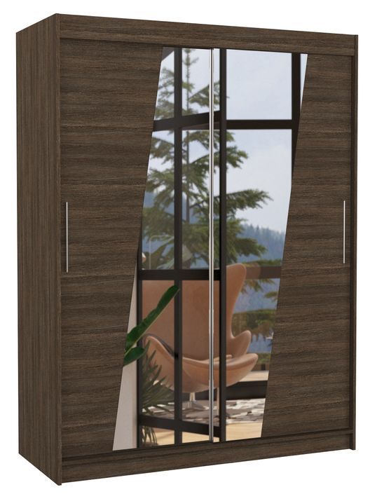 Armoire de chambre 2 portes coulissantes bois marron et miroirs en diagonale Bekone 150 cm - Photo n°1