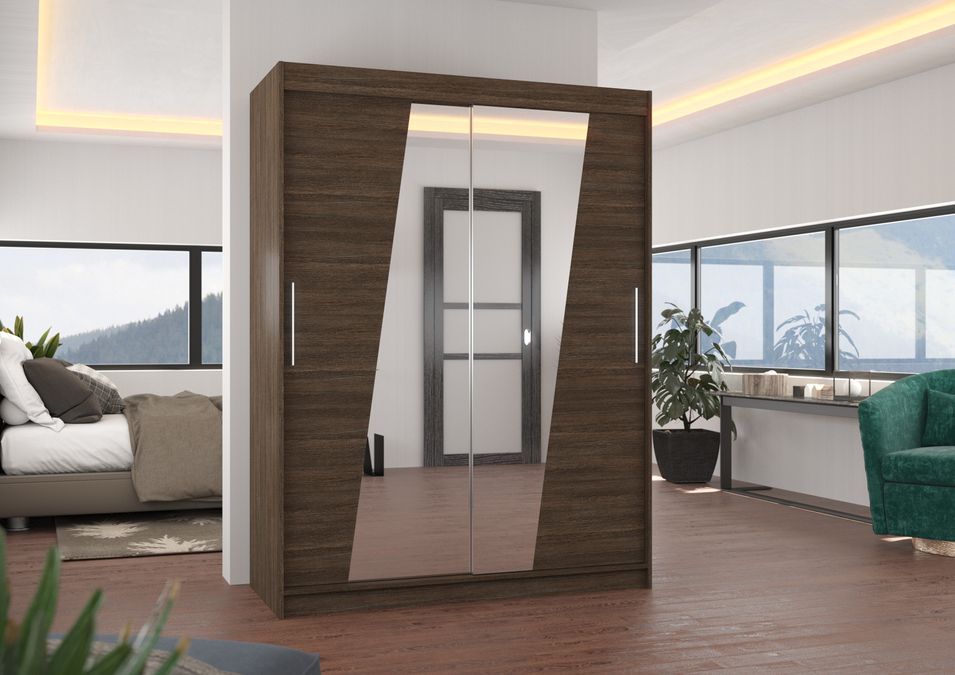 Armoire de chambre 2 portes coulissantes bois marron et miroirs en diagonale Bekone 150 cm - Photo n°2