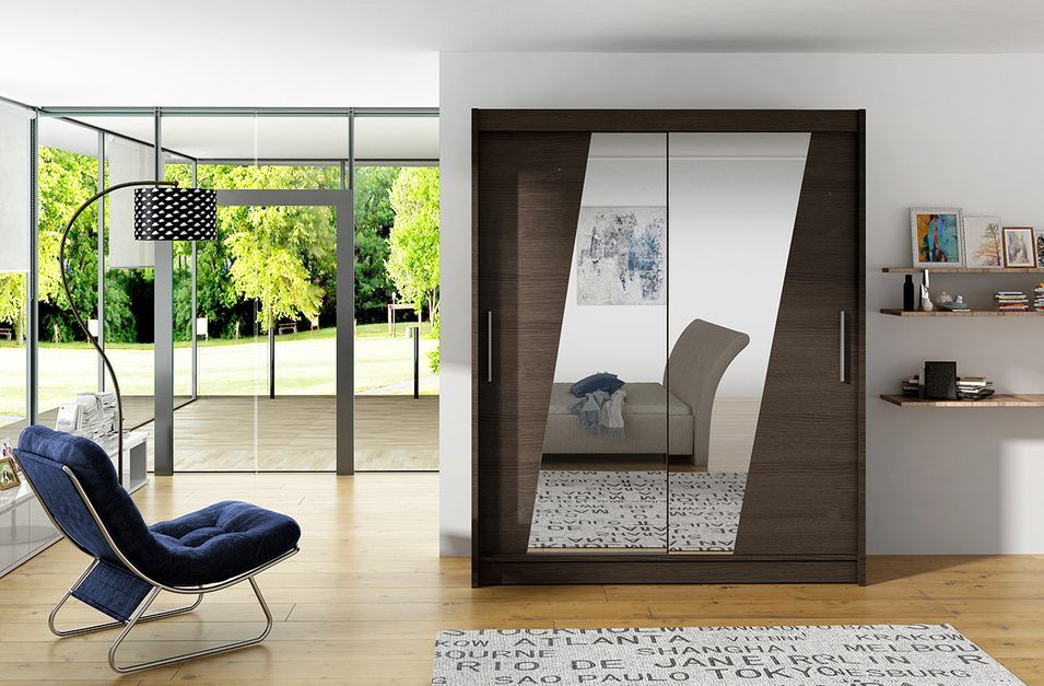 Armoire de chambre 2 portes coulissantes bois marron et miroirs en diagonale Bekone 150 cm - Photo n°3