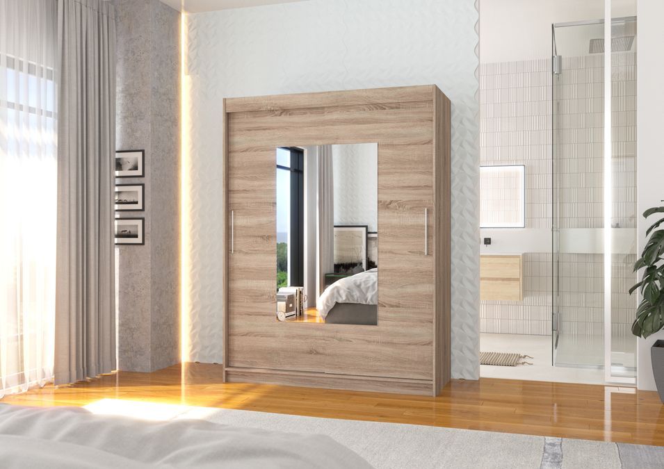 Armoire de chambre 2 portes coulissantes bois truffe et miroir Dova 150 cm - Photo n°2