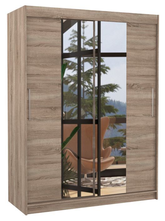 Armoire de chambre 2 portes coulissantes bois truffe et miroir Linoa 150 cm - Photo n°1