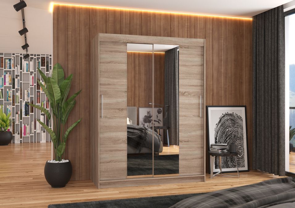 Armoire de chambre 2 portes coulissantes bois truffe et miroir Linoa 150 cm - Photo n°2