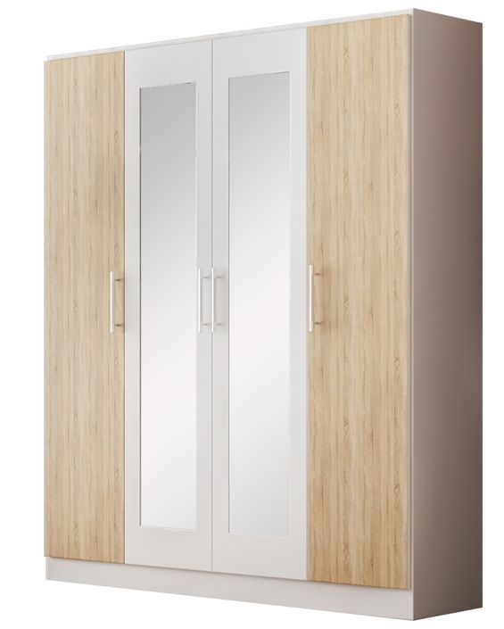 Armoire de chambre 4 portes battantes bois blanc brillant et bois naturel mat Dova 162 cm - Photo n°1