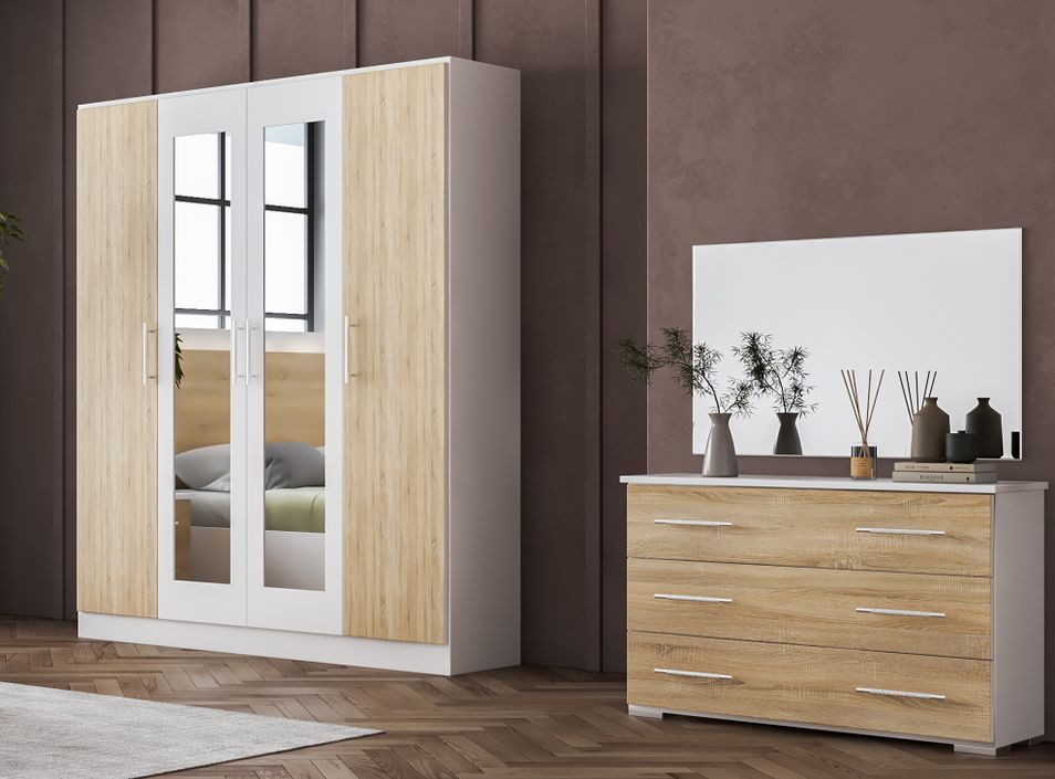 Armoire de chambre 4 portes battantes bois blanc brillant et bois naturel mat Dova 162 cm - Photo n°2