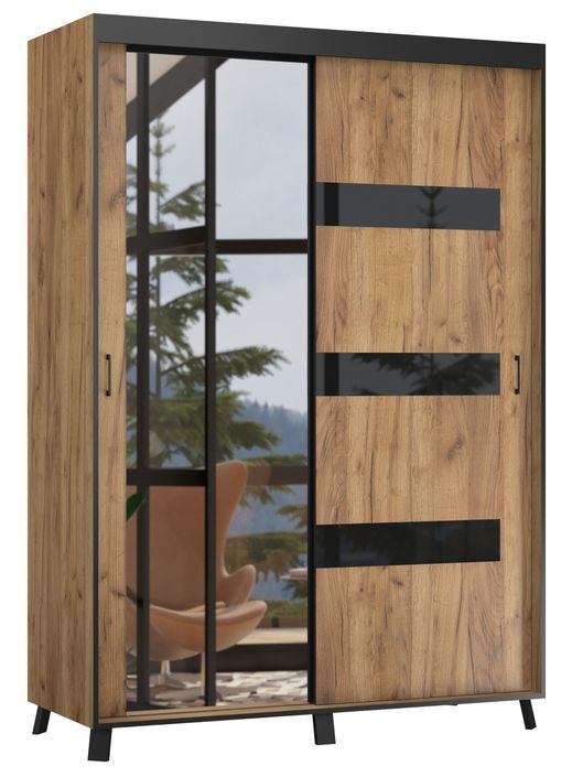 Armoire de chambre à 2 ou 3 portes coulissantes bois artisan gold et noir avec miroir Tokani - 4 tailles - Photo n°3