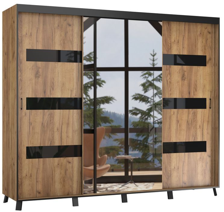Armoire de chambre à 2 ou 3 portes coulissantes bois artisan gold et noir avec miroir Tokani - 4 tailles - Photo n°1