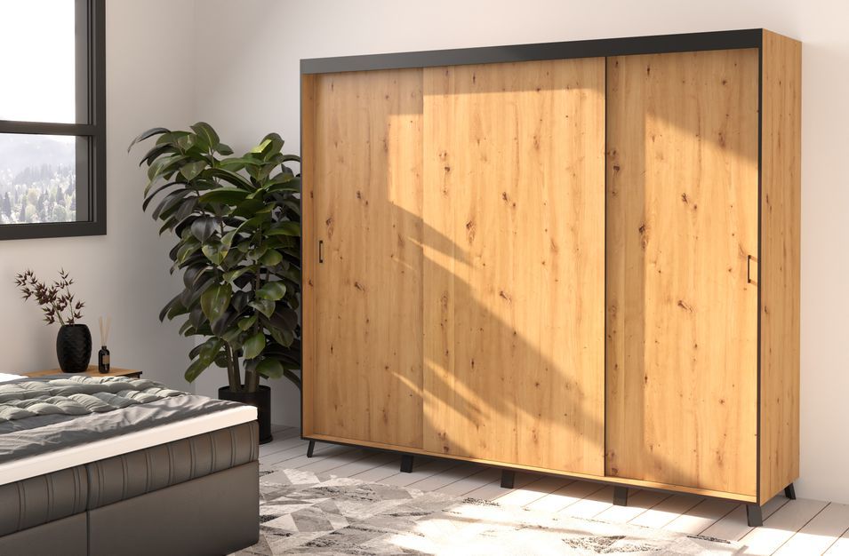 Armoire de chambre à 2 ou 3 portes coulissantes bois clair artisan Barko - 4 tailles - Photo n°5
