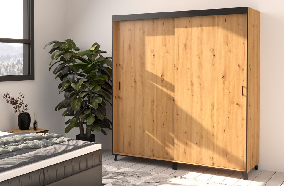 Armoire de chambre à 2 ou 3 portes coulissantes bois clair artisan Barko - 4 tailles - Photo n°6