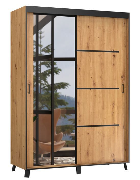 Armoire de chambre à 2 ou 3 portes coulissantes bois clair artisan et miroir Aliko - 4 tailles - Photo n°3
