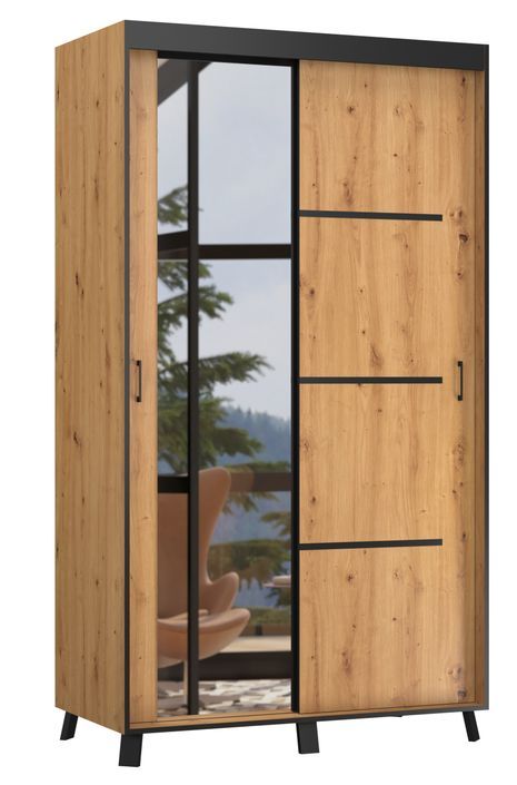 Armoire de chambre à 2 ou 3 portes coulissantes bois clair artisan et miroir Aliko - 4 tailles - Photo n°4