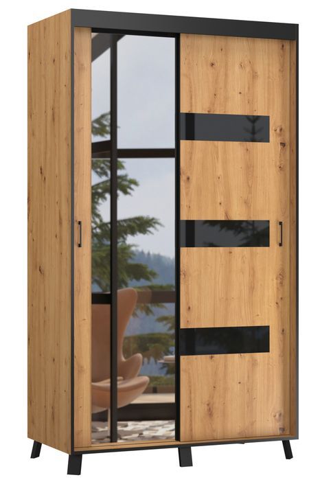Armoire de chambre à 2 ou 3 portes coulissantes bois clair et noir avec miroir Tokani - 4 tailles - Photo n°4