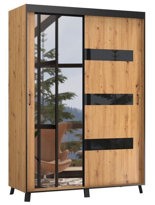 Armoire de chambre à 2 ou 3 portes coulissantes bois clair et noir avec miroir Tokani - 4 tailles - Photo n°3