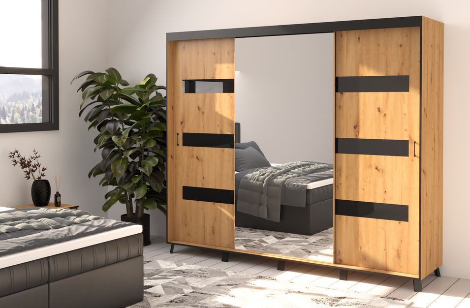 Armoire de chambre à 2 ou 3 portes coulissantes bois clair et noir avec miroir Tokani - 4 tailles - Photo n°5