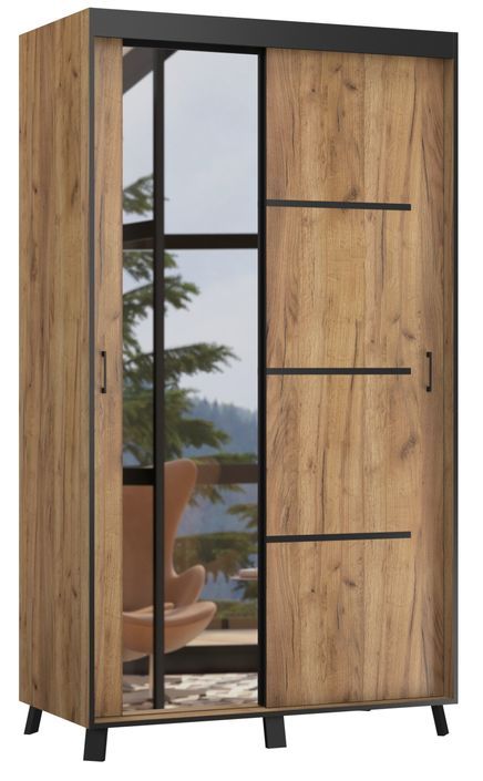 Armoire de chambre à 2 ou 3 portes coulissantes bois foncé artisan et miroir Aliko - 4 tailles - Photo n°4