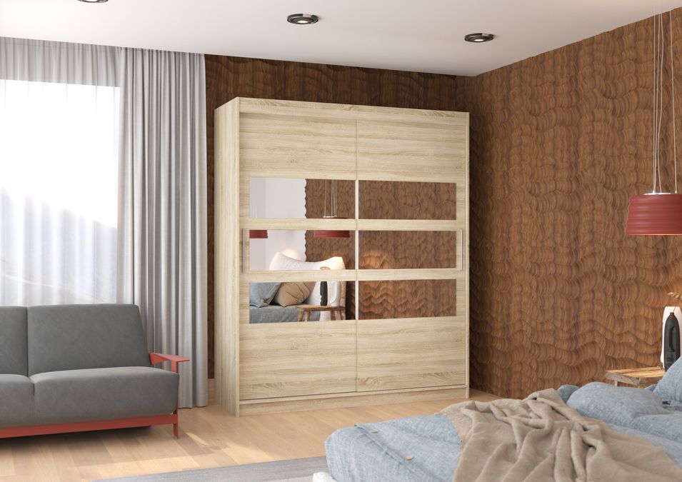 Armoire de chambre à coucher 2 portes coulissantes bois clair et 6 miroirs horizontaux Dolena 180 cm - Photo n°2