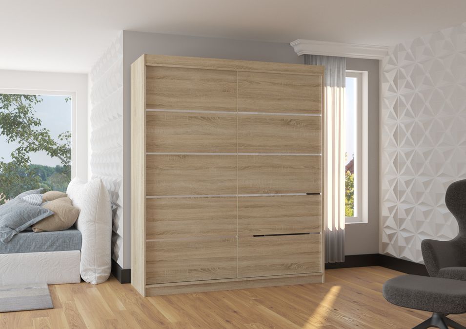 Armoire de chambre à coucher 2 portes coulissantes bois clair et alu Pimka 180 cm - Photo n°2