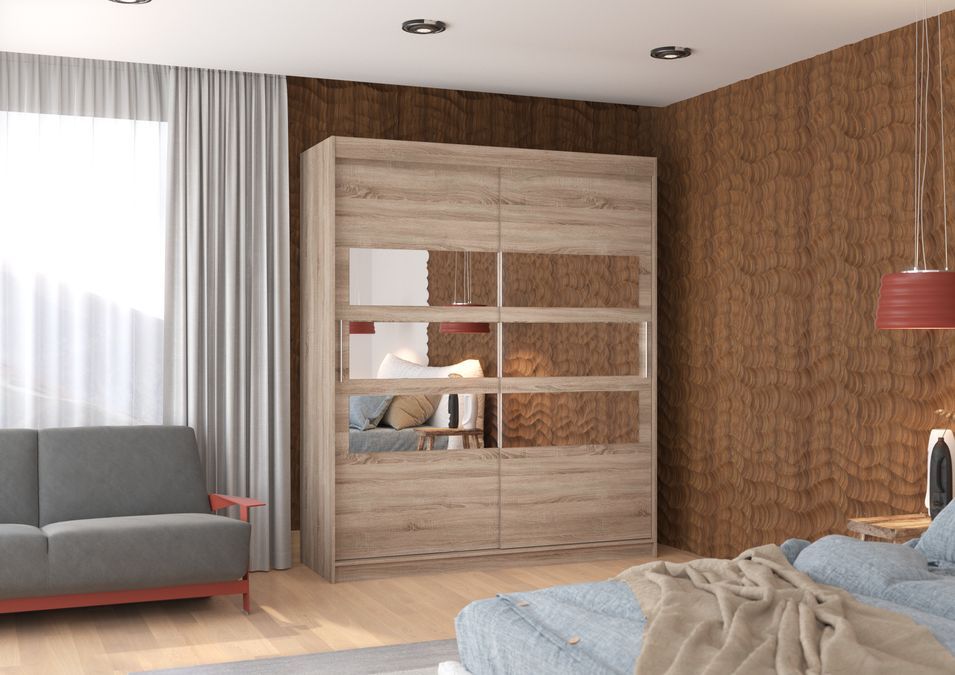 Armoire de chambre à coucher 2 portes coulissantes bois truffe et 6 miroirs horizontaux Dolena 180 cm - Photo n°3