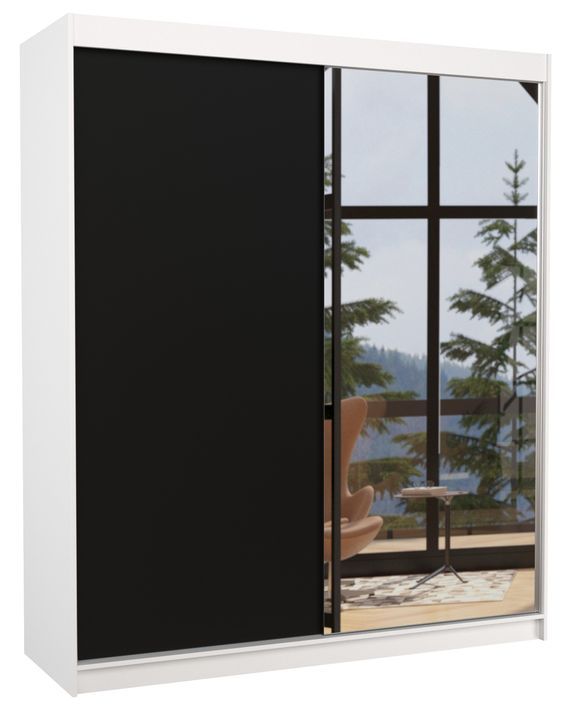 Armoire de chambre à coucher blanche 2 portes coulissantes 1 noir et 1 miroir Masso 180 cm - Photo n°1
