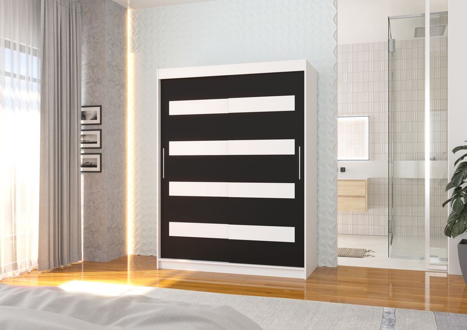 Armoire de chambre à coucher blanche 2 portes coulissantes noir mat et blanc laqué Zanko 150 cm - Photo n°2