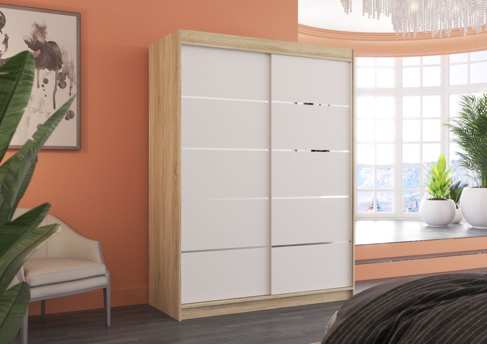 Armoire de chambre à coucher bois clair 2 portes coulissantes bois blanc et alu Kubik 150 cm - Photo n°2